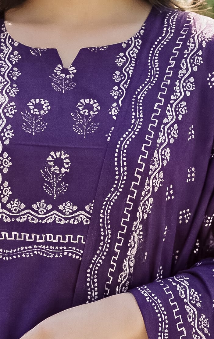 Purple Hand Printed Muslin Kurta Set Women for Women