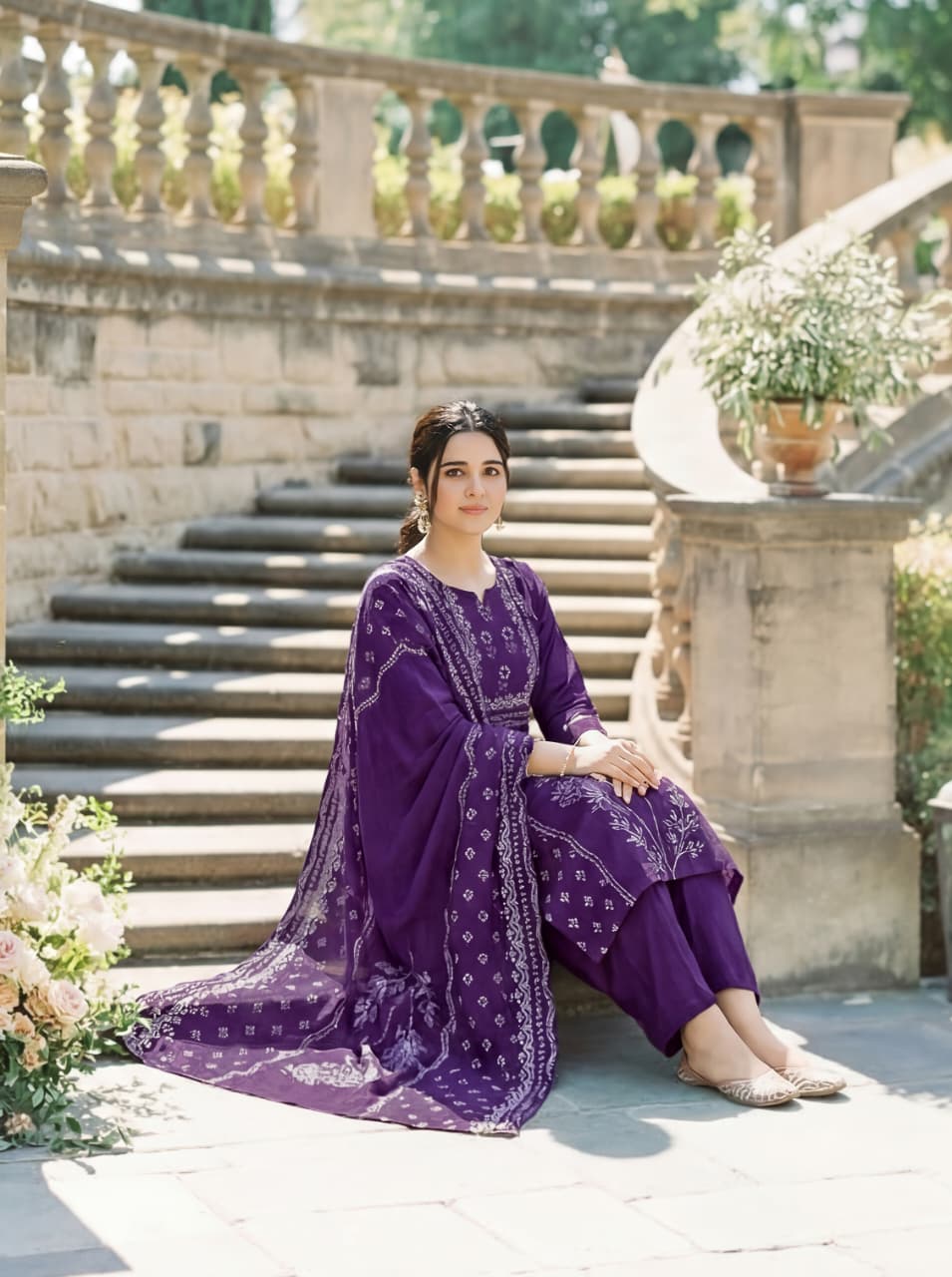 Purple Hand Printed Muslin Kurta Set Women for Women