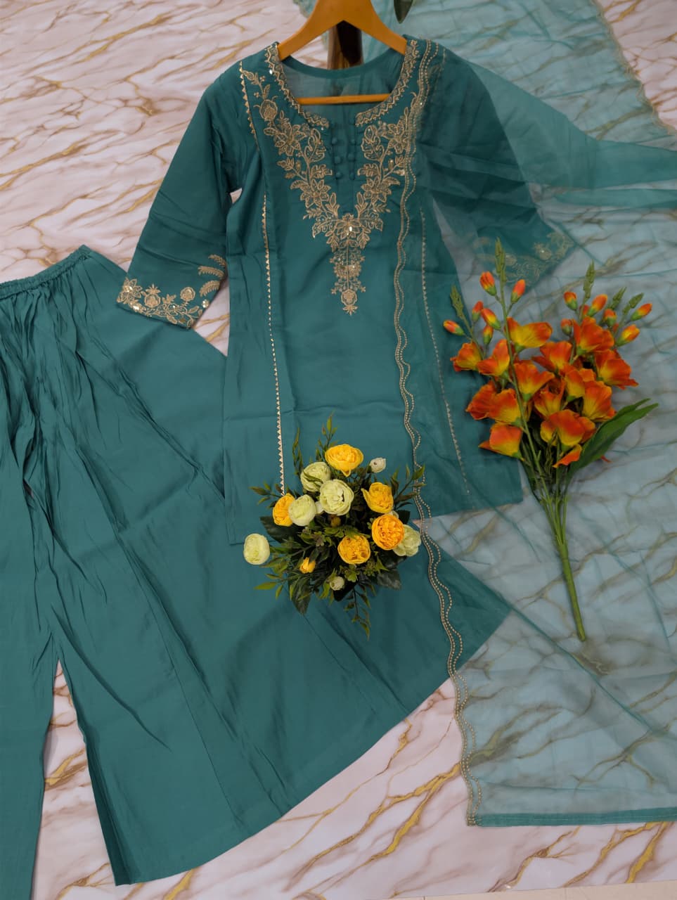 Pastel Blue Chanderi Silk Embroidered Sarara Set for Women