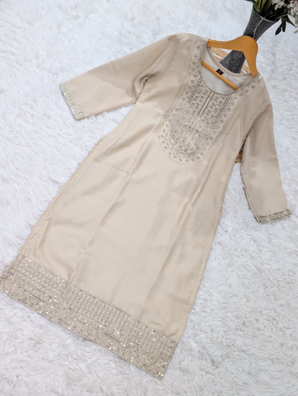 Elegant Beige Vichitra Silk Embroidered Kurta Set for Women