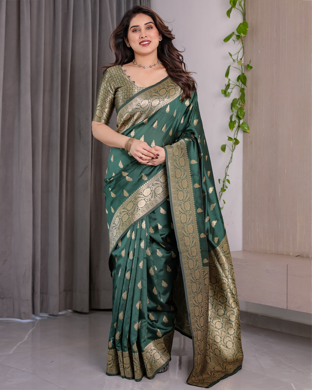 reen Banarasi Soft Silk Saree with Floral Zari Borders for Women