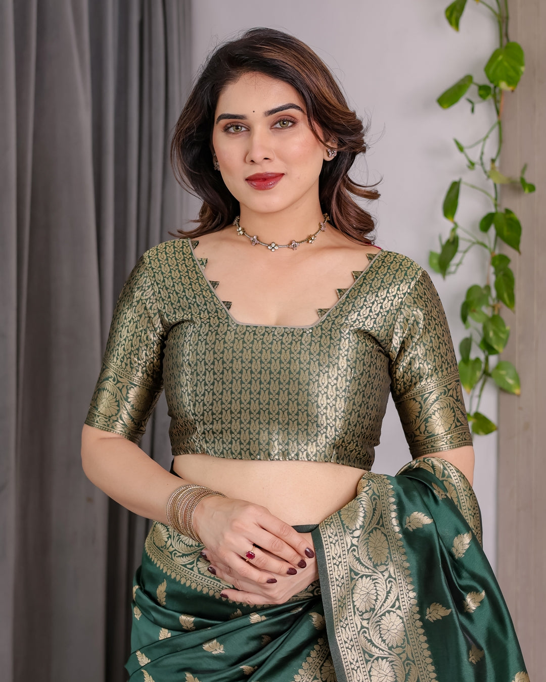 reen Banarasi Soft Silk Saree with Floral Zari Borders for Women