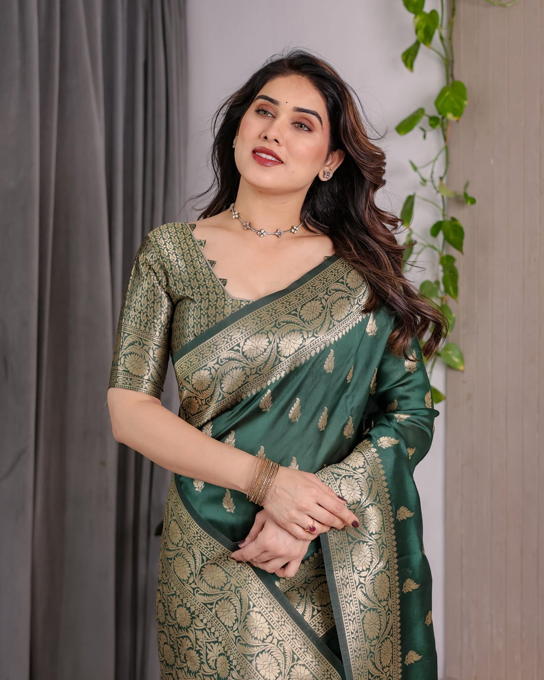 reen Banarasi Soft Silk Saree with Floral Zari Borders for Women