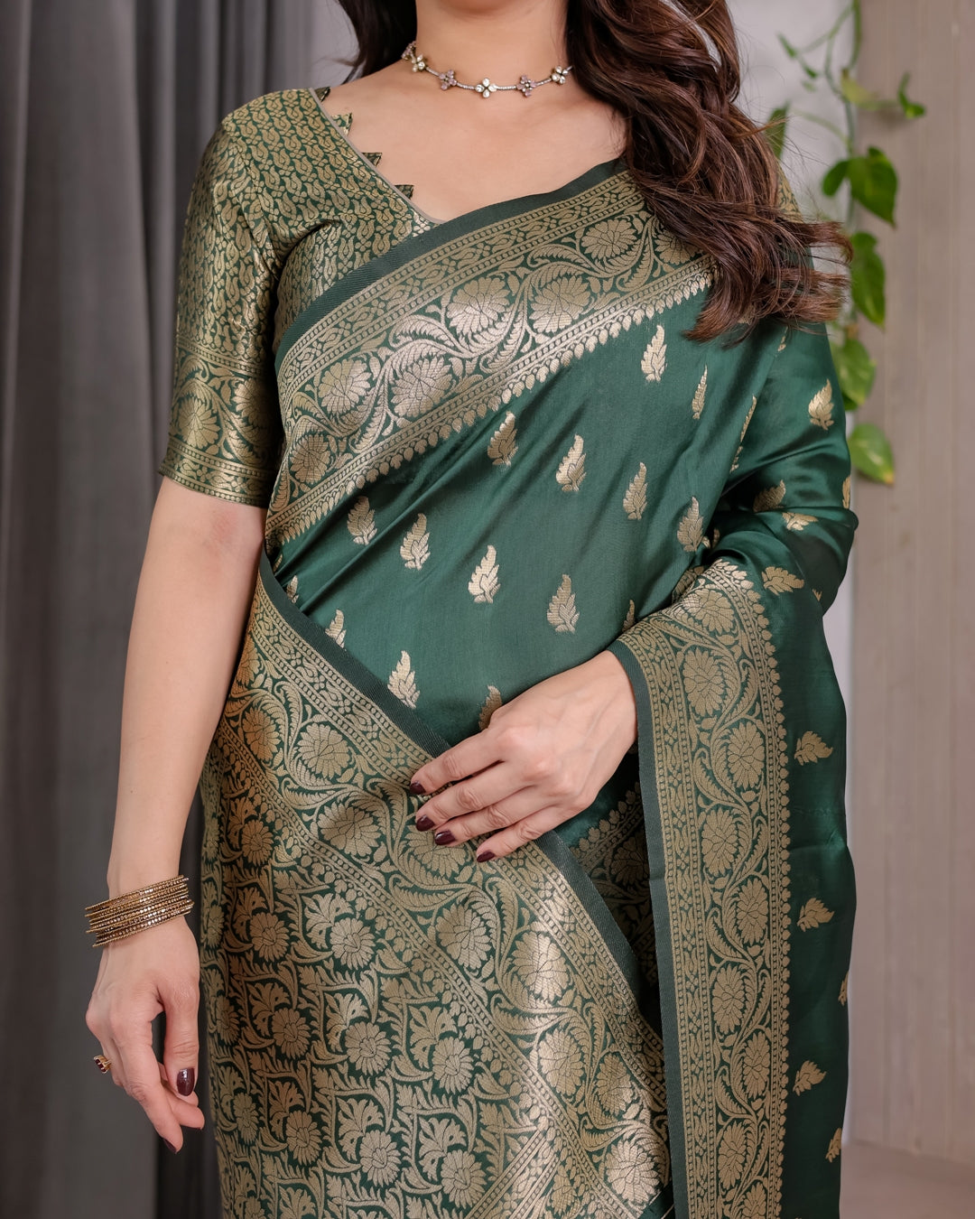 reen Banarasi Soft Silk Saree with Floral Zari Borders for Women