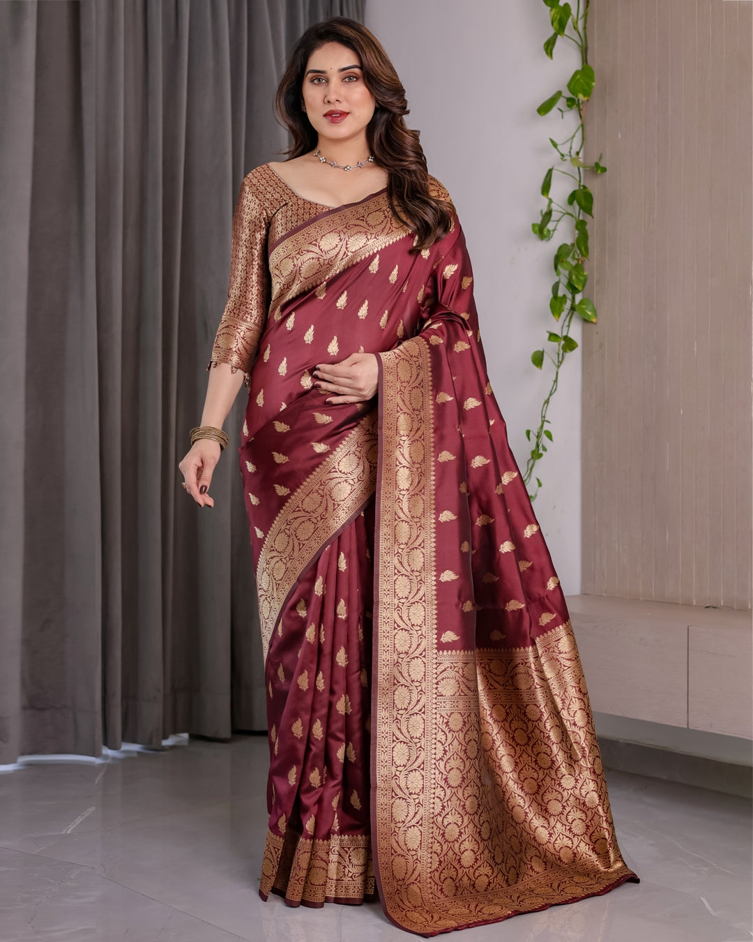 Maroon Banarasi Silk Saree With Floral Jacquard Zari Border for Women