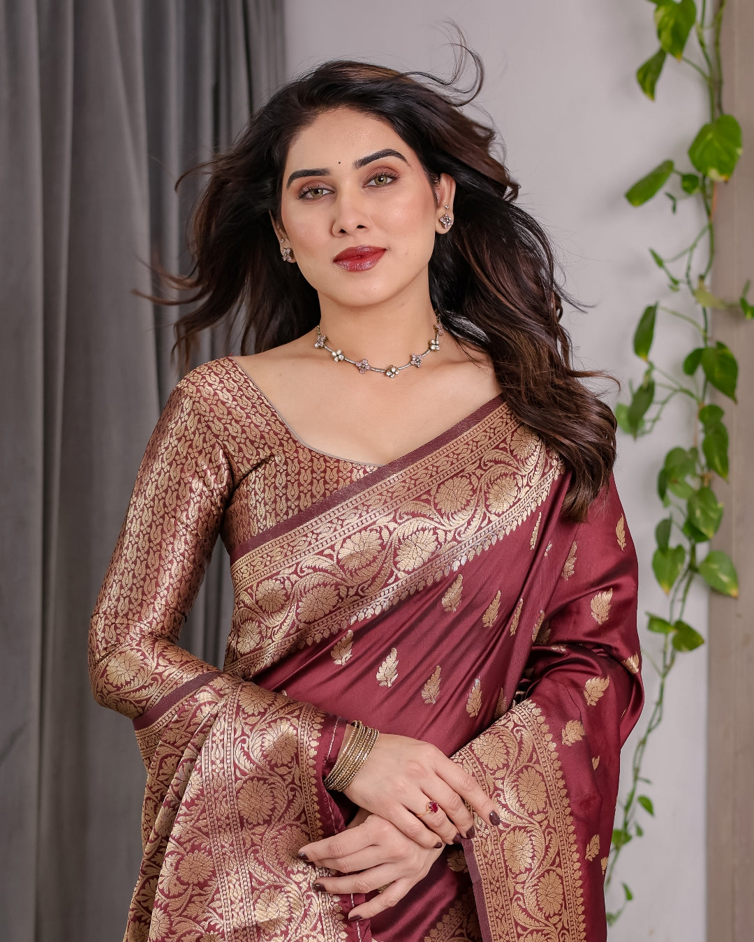 Maroon Banarasi Silk Saree With Floral Jacquard Zari Border for Women