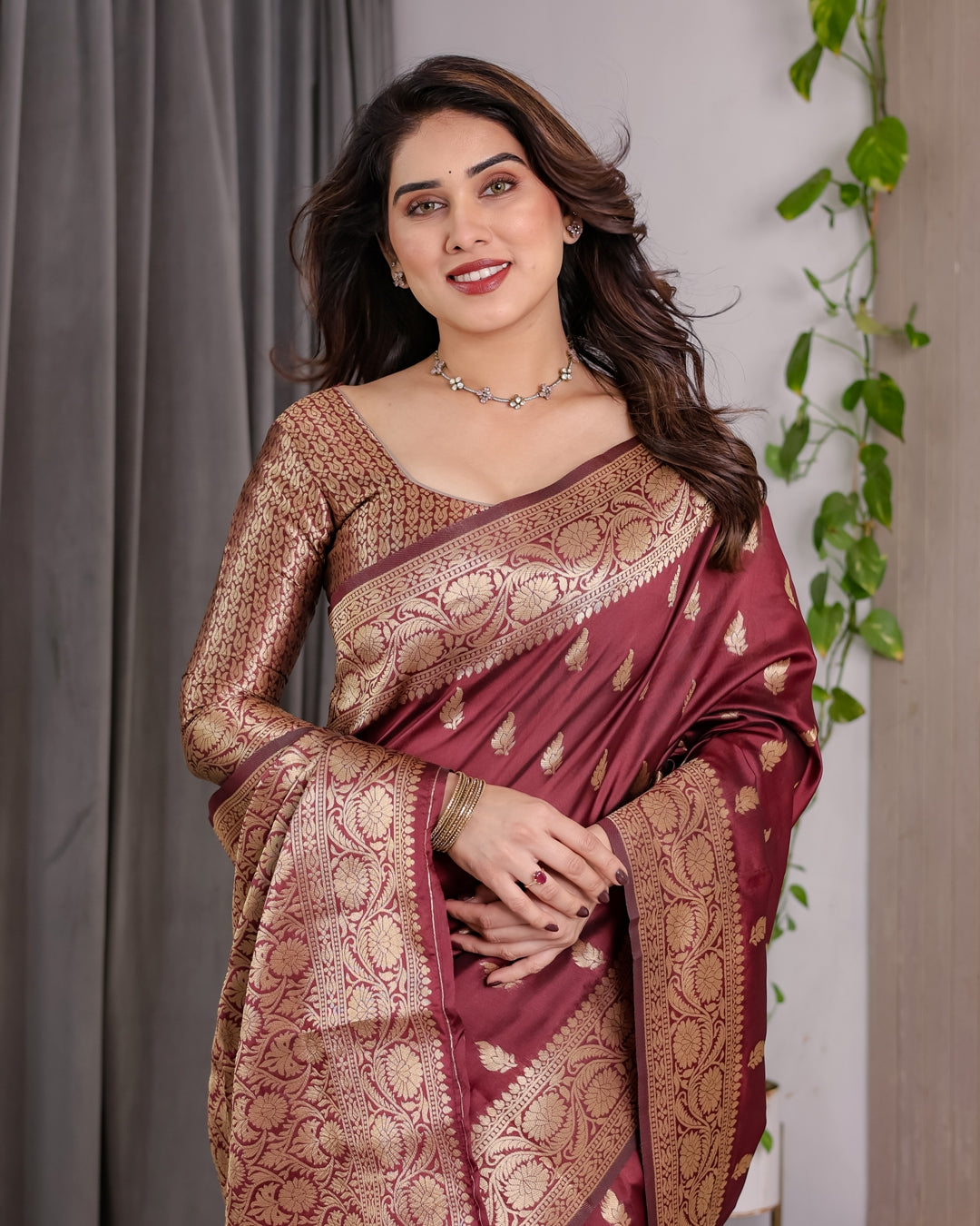 Maroon Banarasi Silk Saree With Floral Jacquard Zari Border for Women