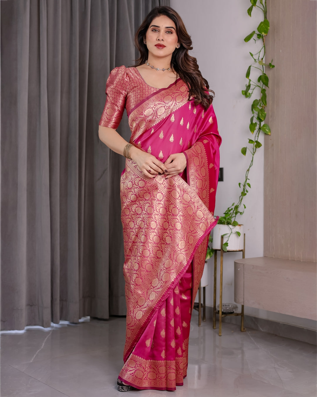 Pink Banarasi Soft Silk Saree With Rich Golden Zari Borders for Women