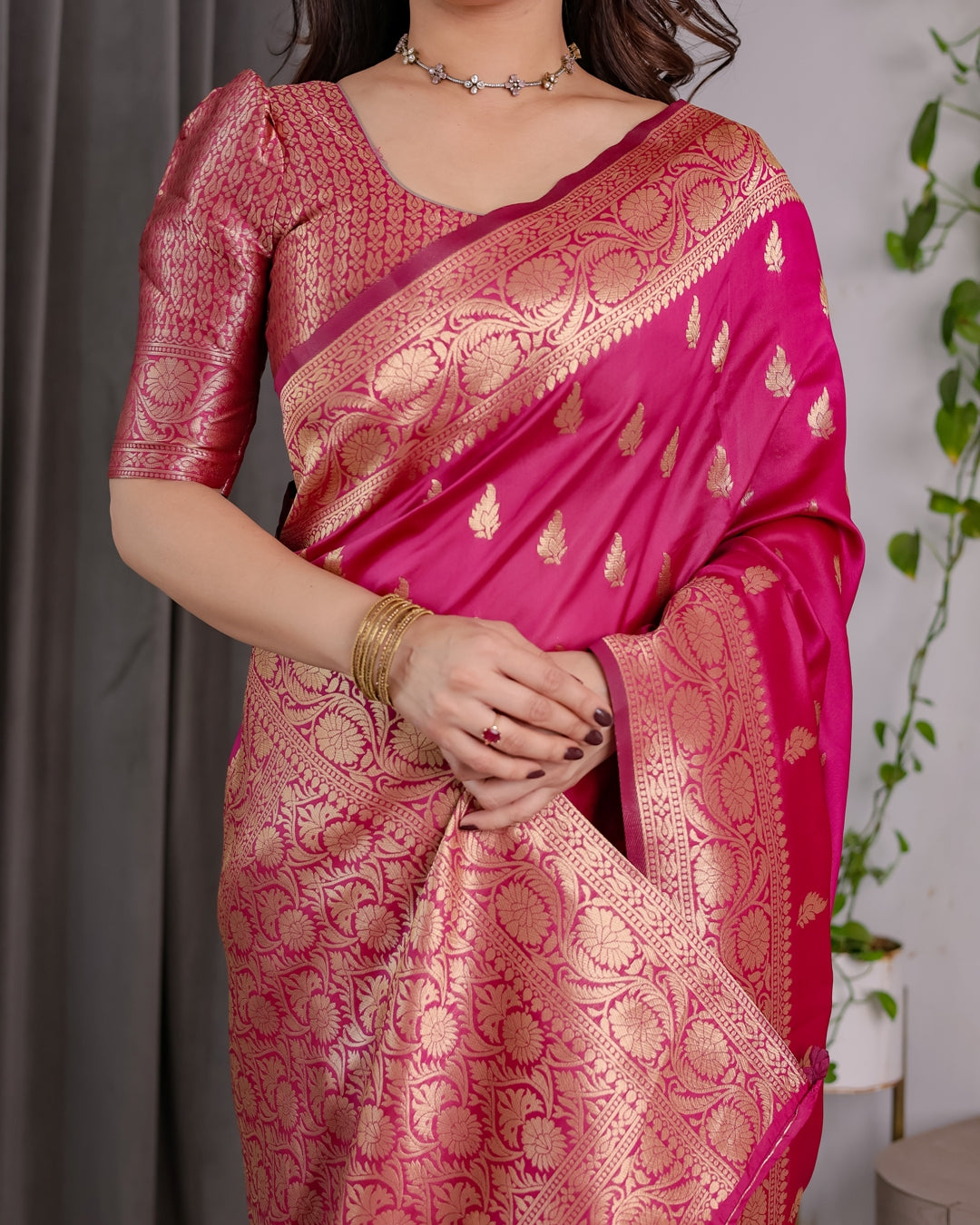 Pink Banarasi Soft Silk Saree With Rich Golden Zari Borders for Women