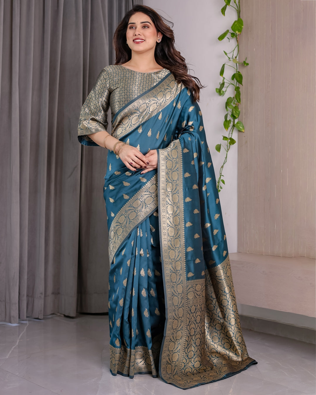 Teal Blue Banarasi Soft Silk Saree With Golden Zari Borders 2