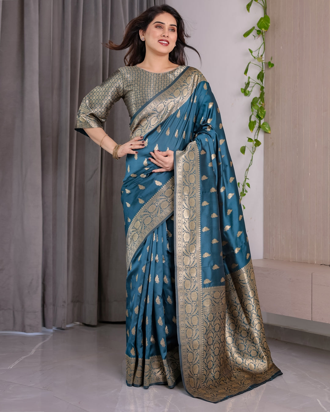 Teal Blue Banarasi Soft Silk Saree With Golden Zari Borders 2