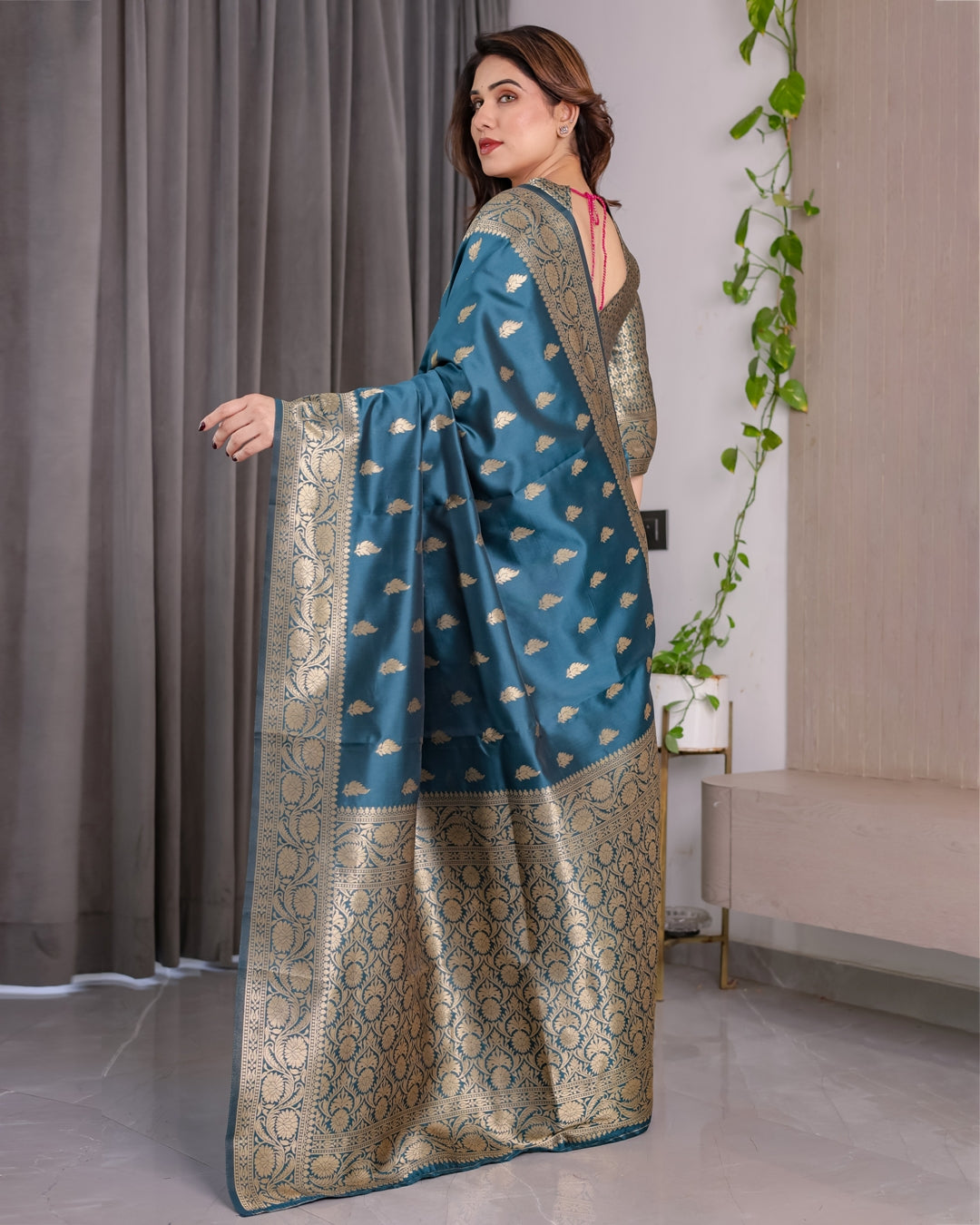 Teal Blue Banarasi Soft Silk Saree With Golden Zari Borders 2