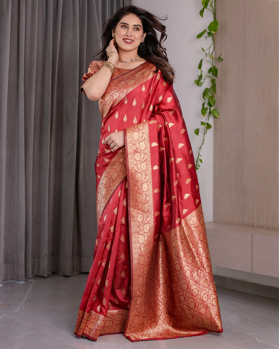 Red Banarasi Soft Silk Saree With Golden Zari Floral Border 2