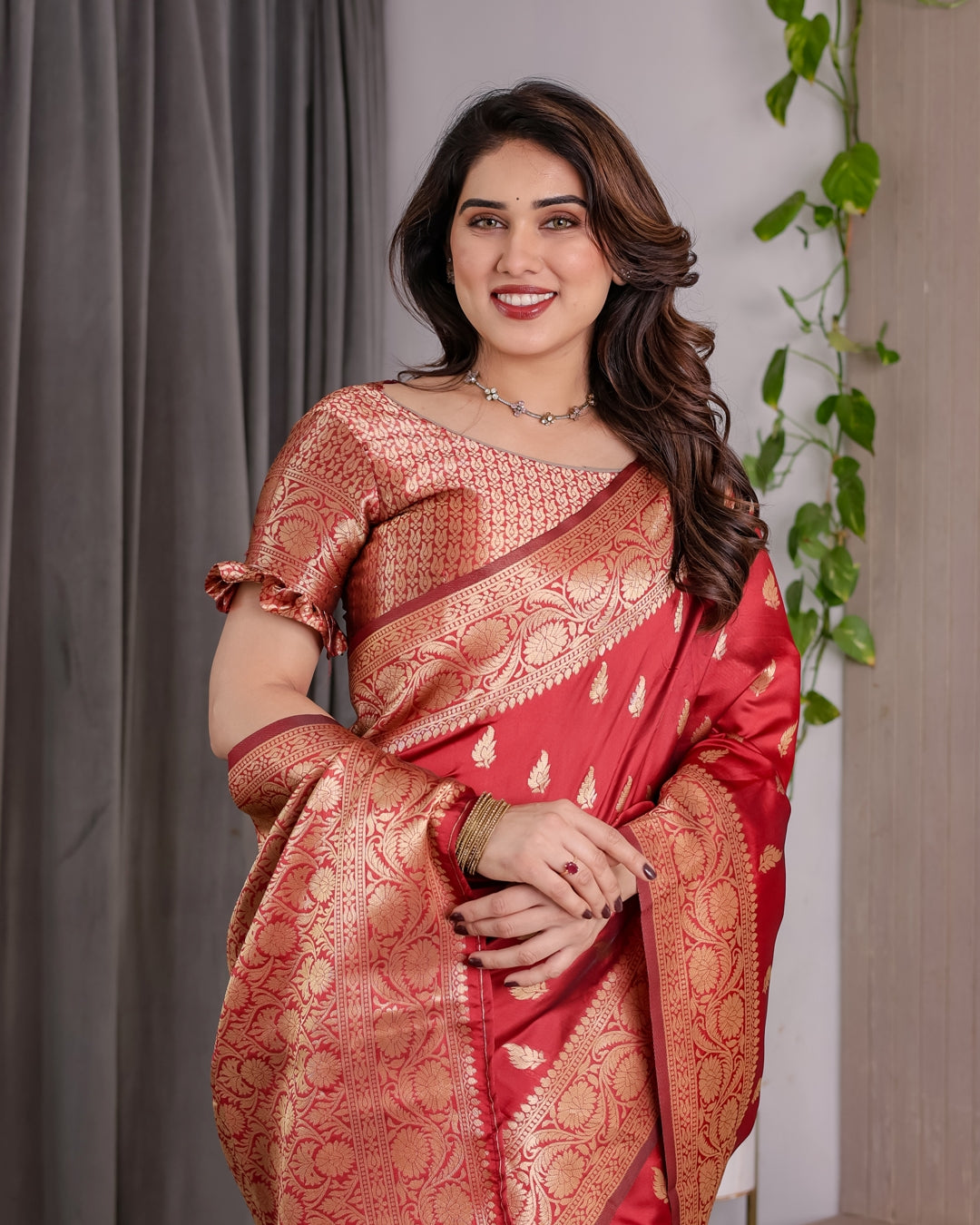 Red Banarasi Soft Silk Saree With Golden Zari Floral Border 2