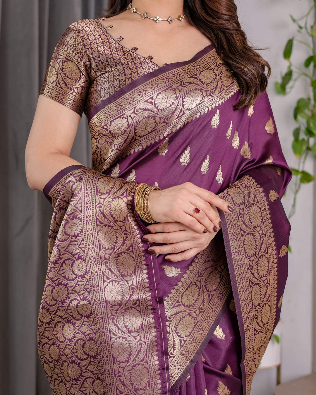 Purple Banarasi Soft Silk Saree With Golden Zari Border for Women