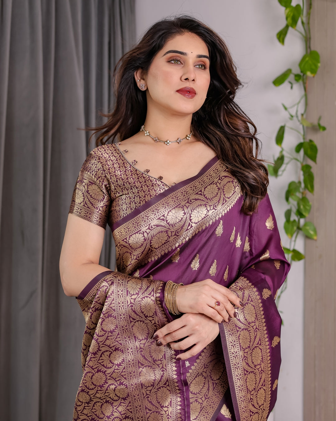 Purple Banarasi Soft Silk Saree With Golden Zari Border for Women