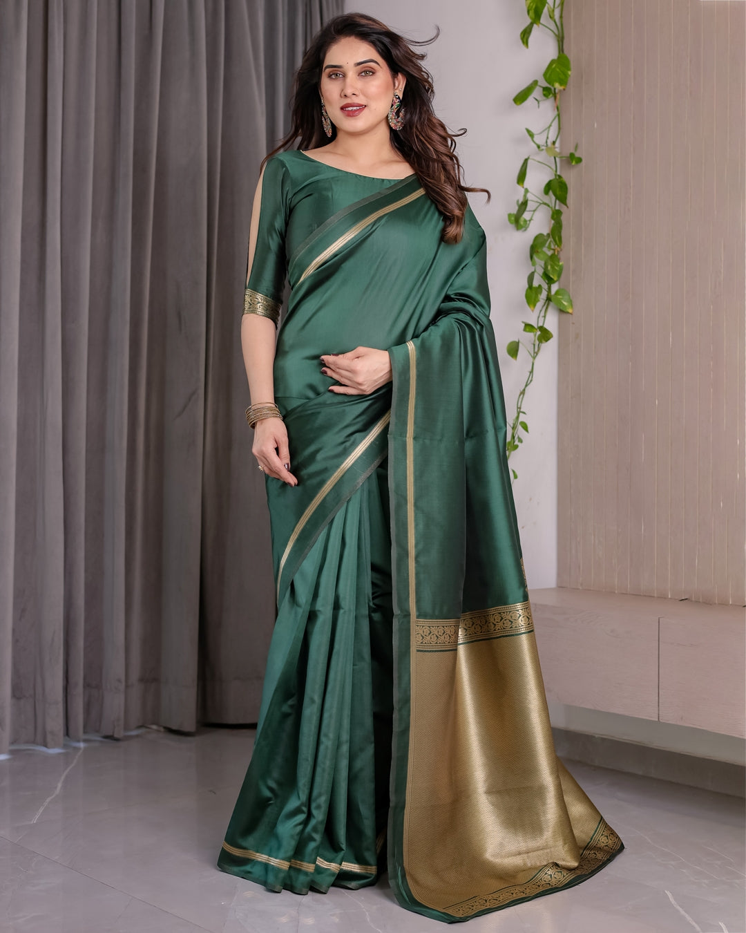 Bottle Green Banarasi Soft Silk Saree with Gold Border for Women