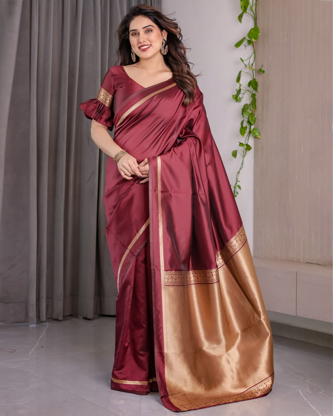 Maroon Banarasi Soft Silk Saree with Golden Zari Border 4 for Women