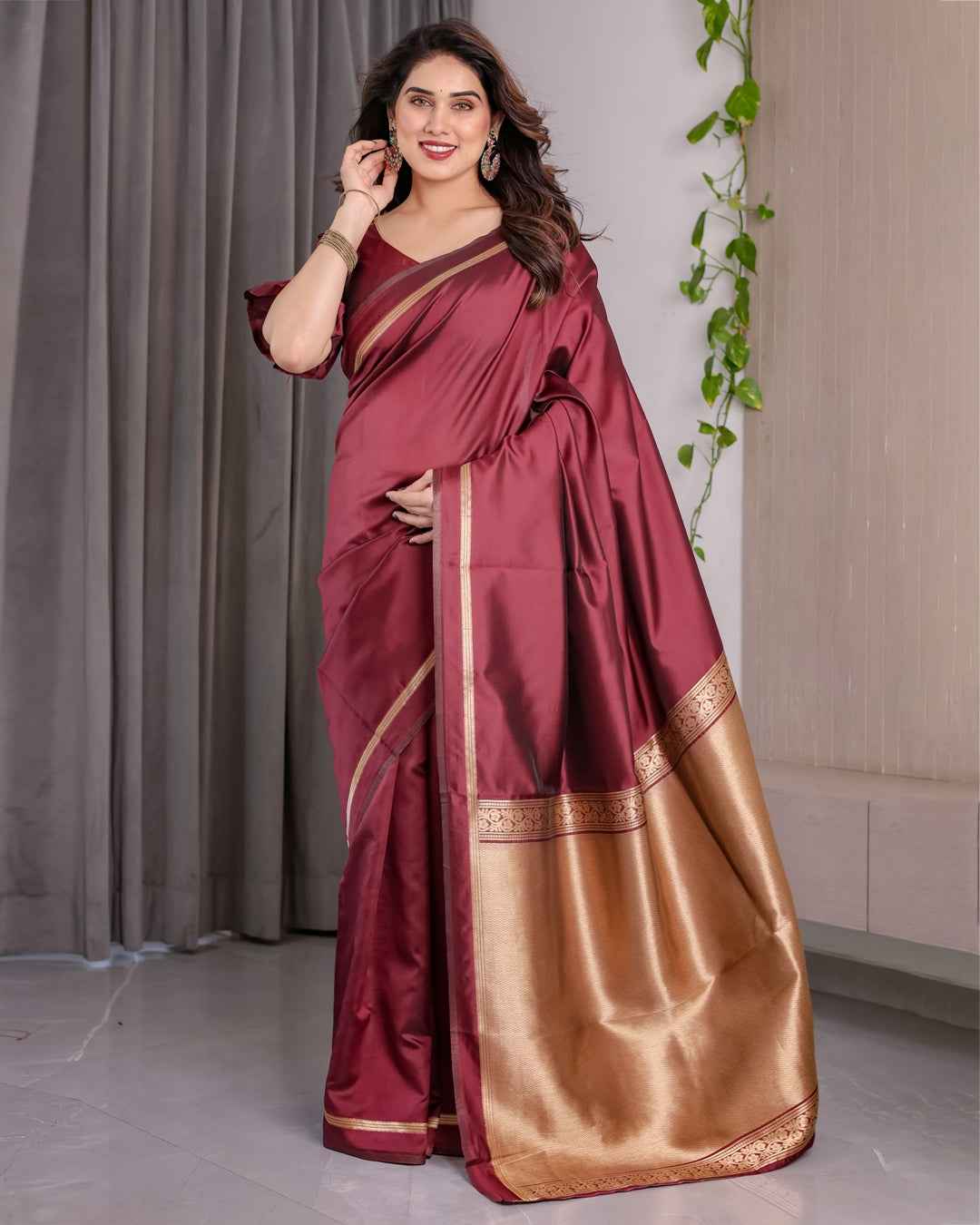 Maroon Banarasi Soft Silk Saree with Golden Zari Border 4 for Women