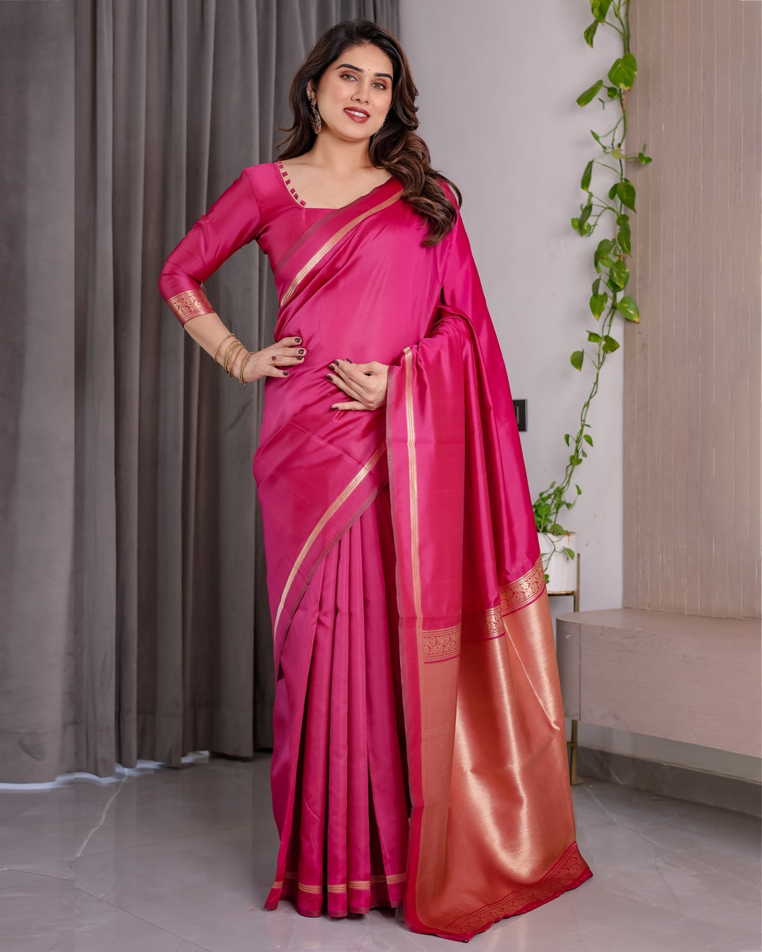 Pink Banarasi Soft Silk Saree with Golden Zari Border for Women