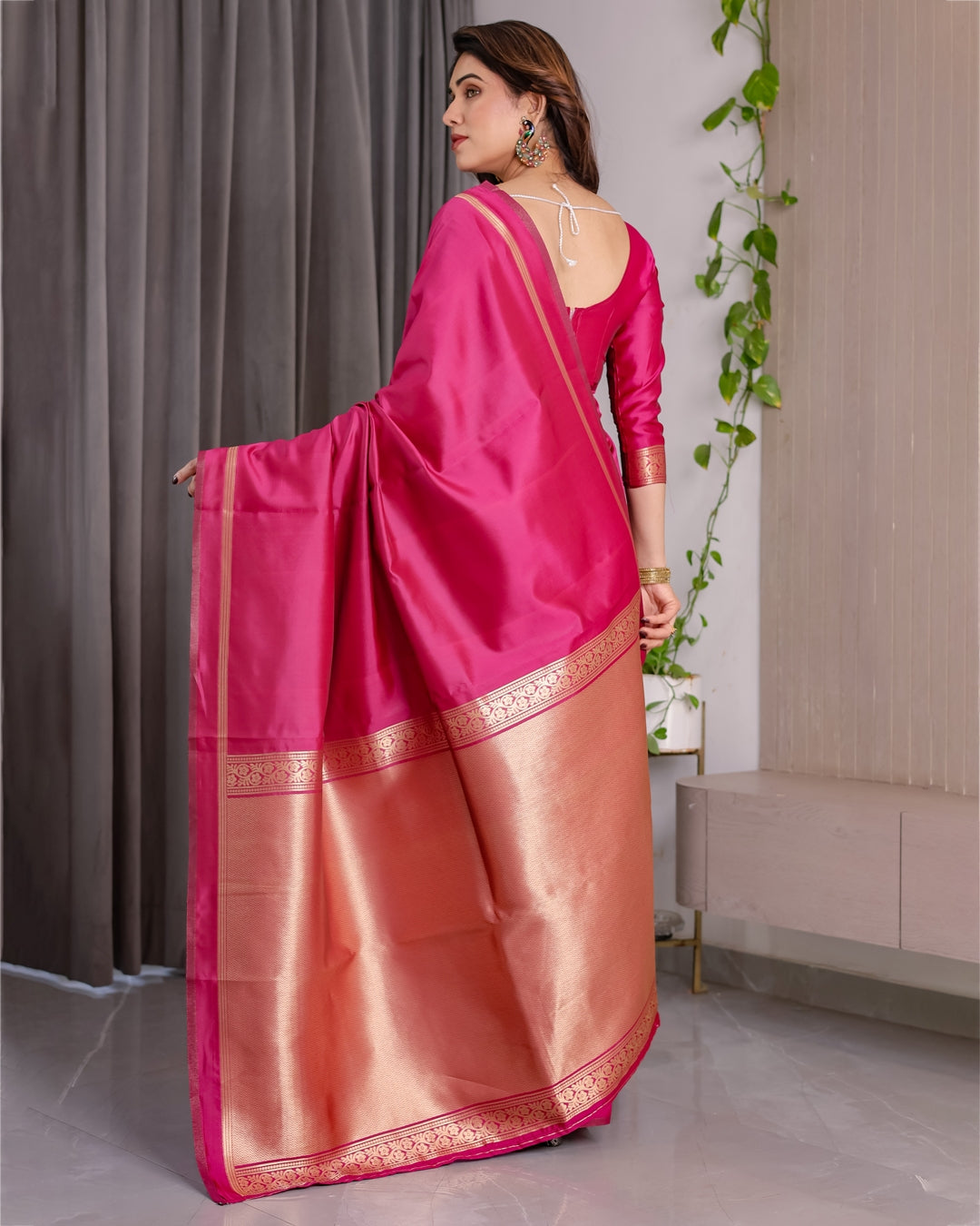 Pink Banarasi Soft Silk Saree with Golden Zari Border for Women