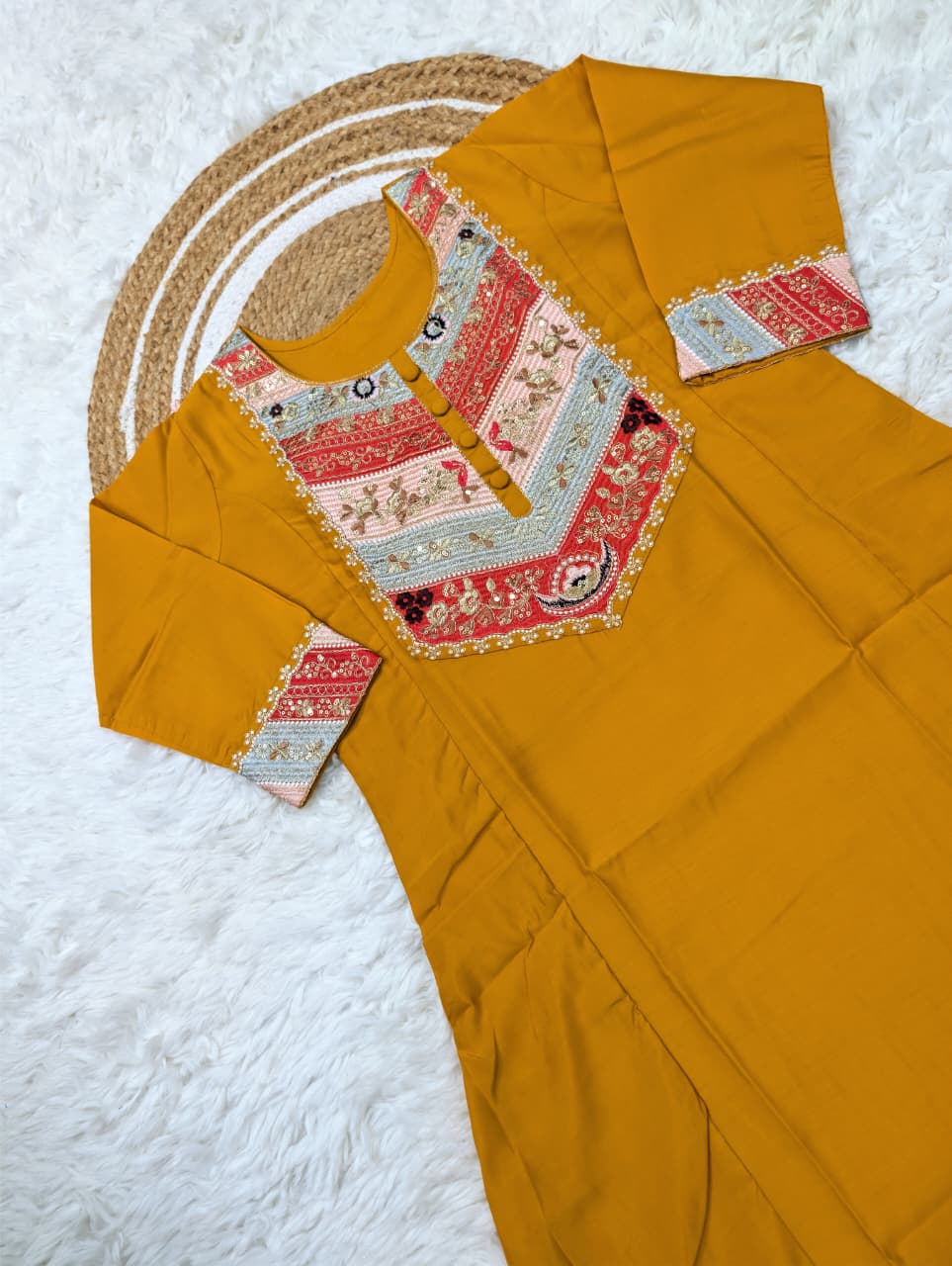 Mustard Viscose Chanderi Kurta Set with Sequence Embroidery for Women