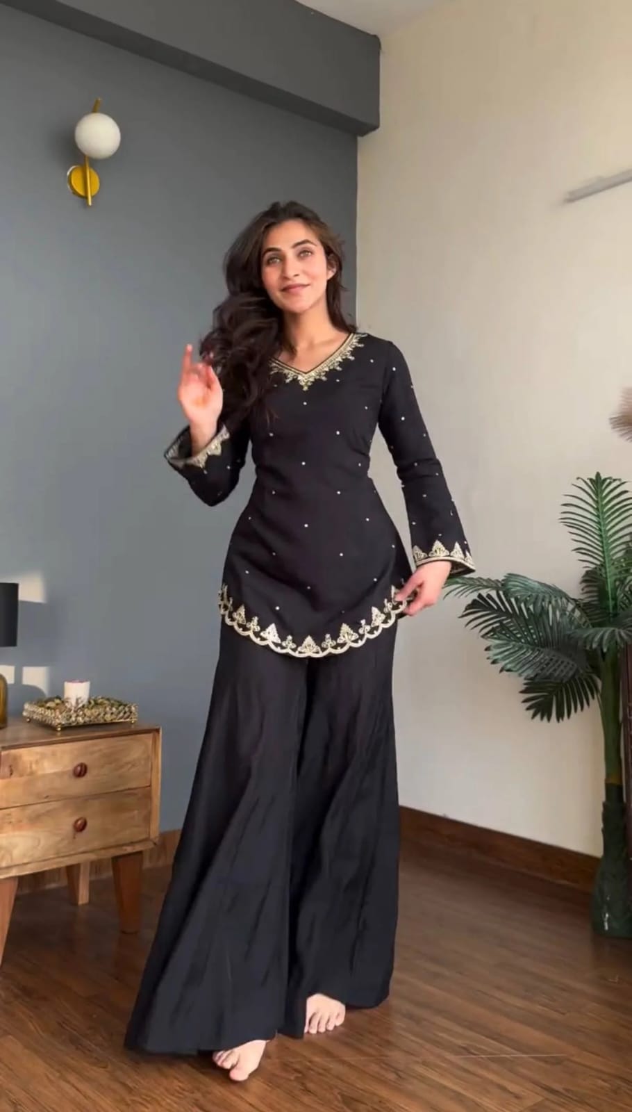 Black Heavy Silk Crepe Kurta Set with Sequence Embroidery for Women