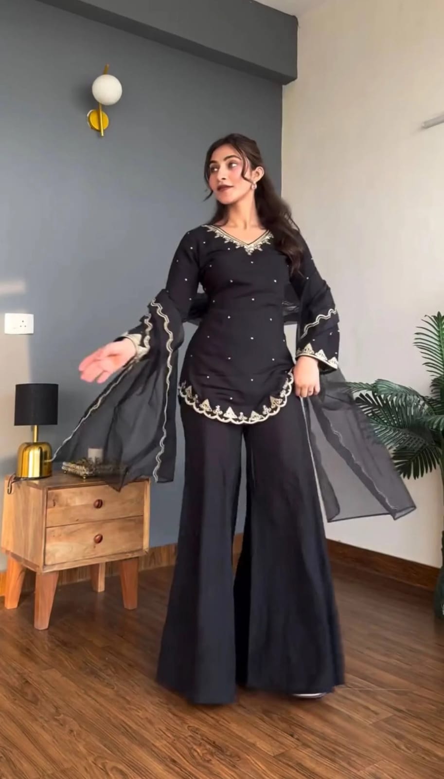 Black Heavy Silk Crepe Kurta Set with Sequence Embroidery for Women