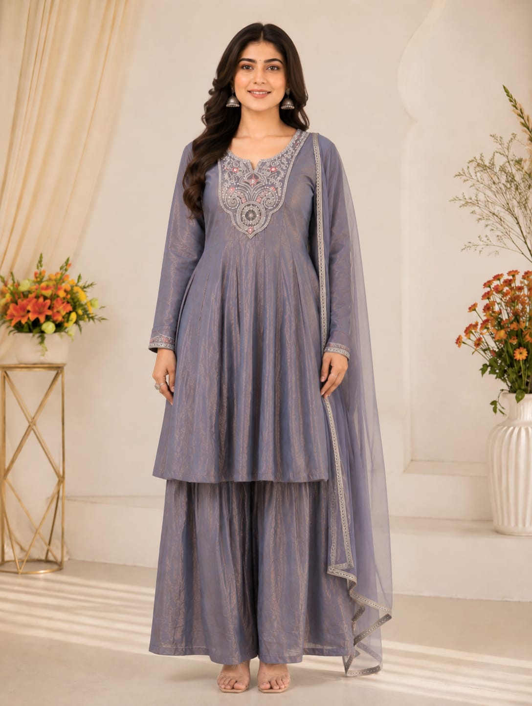 Grey Fandy Silk Sarara Set with Embroidery and Dupatta for Women