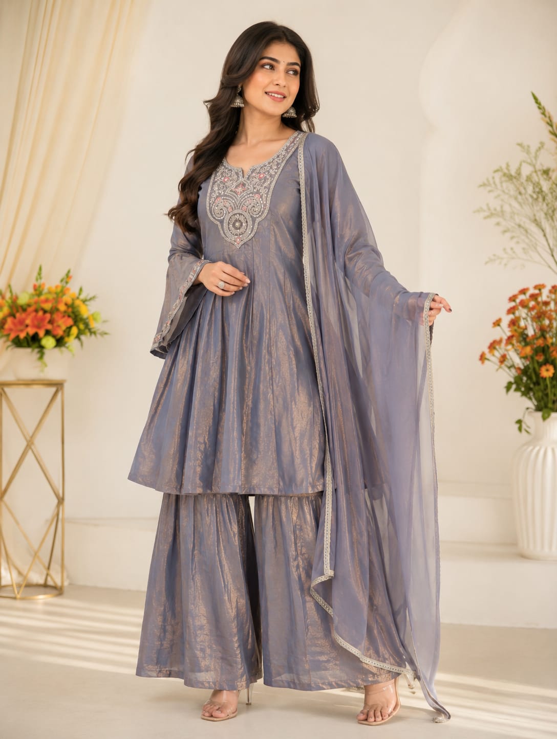 Grey Fandy Silk Sarara Set with Embroidery and Dupatta for Women
