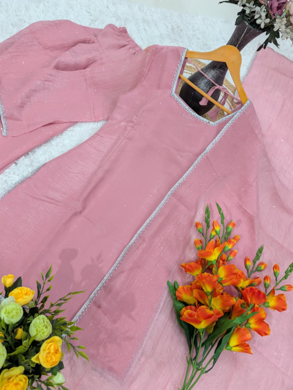 Pink Crunchy Silk Kurta Pant Set with Diamond Work, Dupatta for Women
