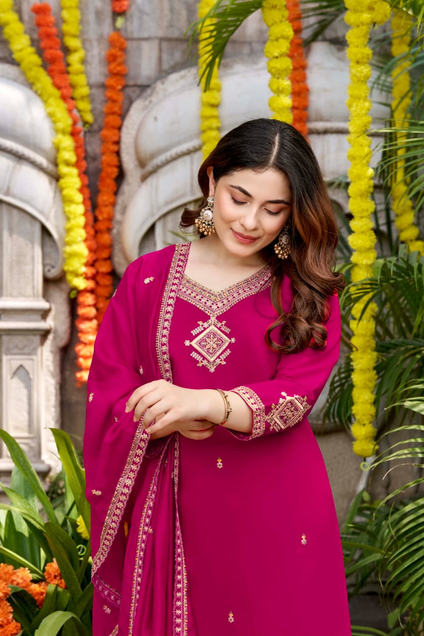 Magenta Viscose Chanderi Kurta Set with Embroidered Dupatta for Women