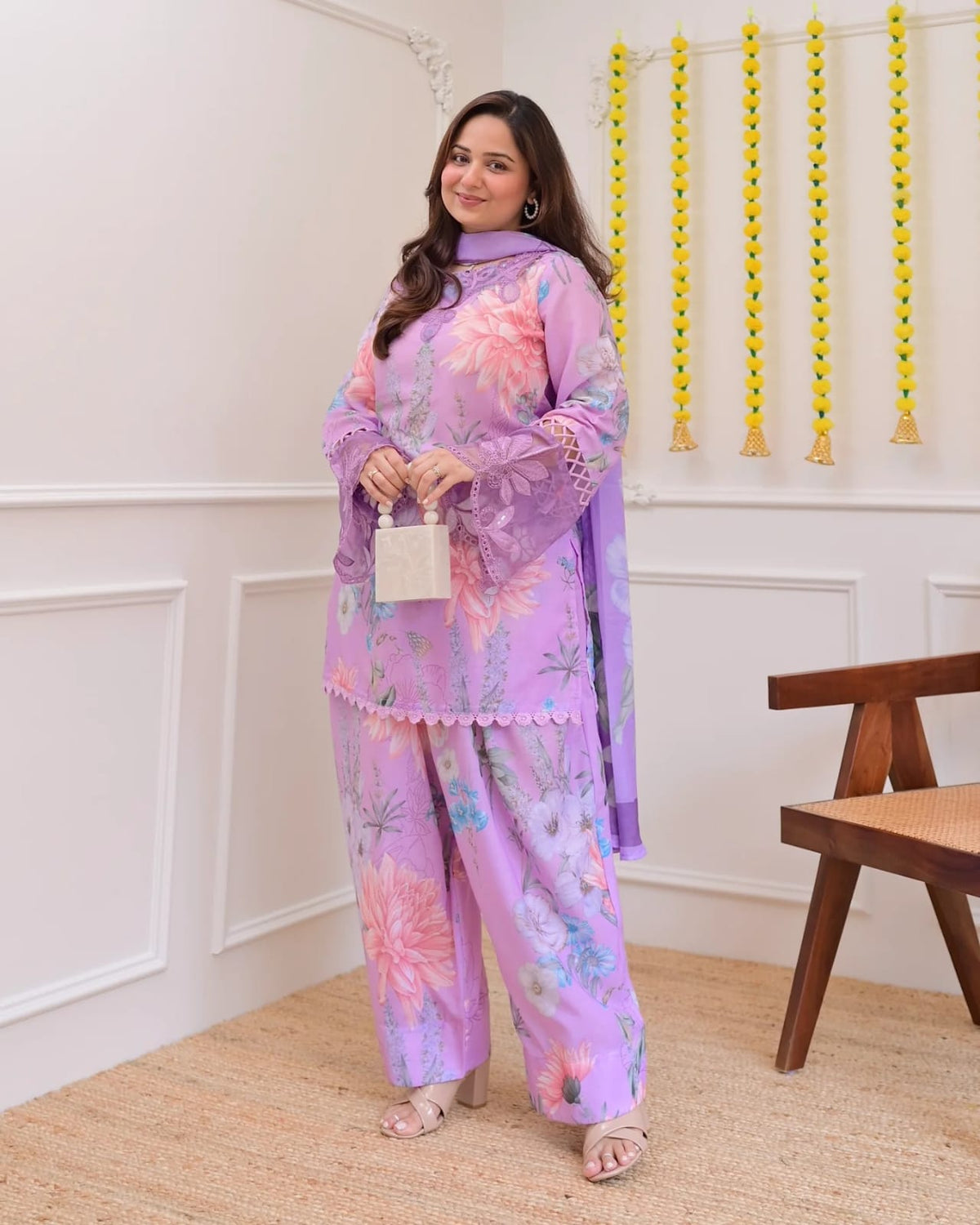 Lavender Georgette Kurti Pant Set with Embroidery & Dupatta for Women