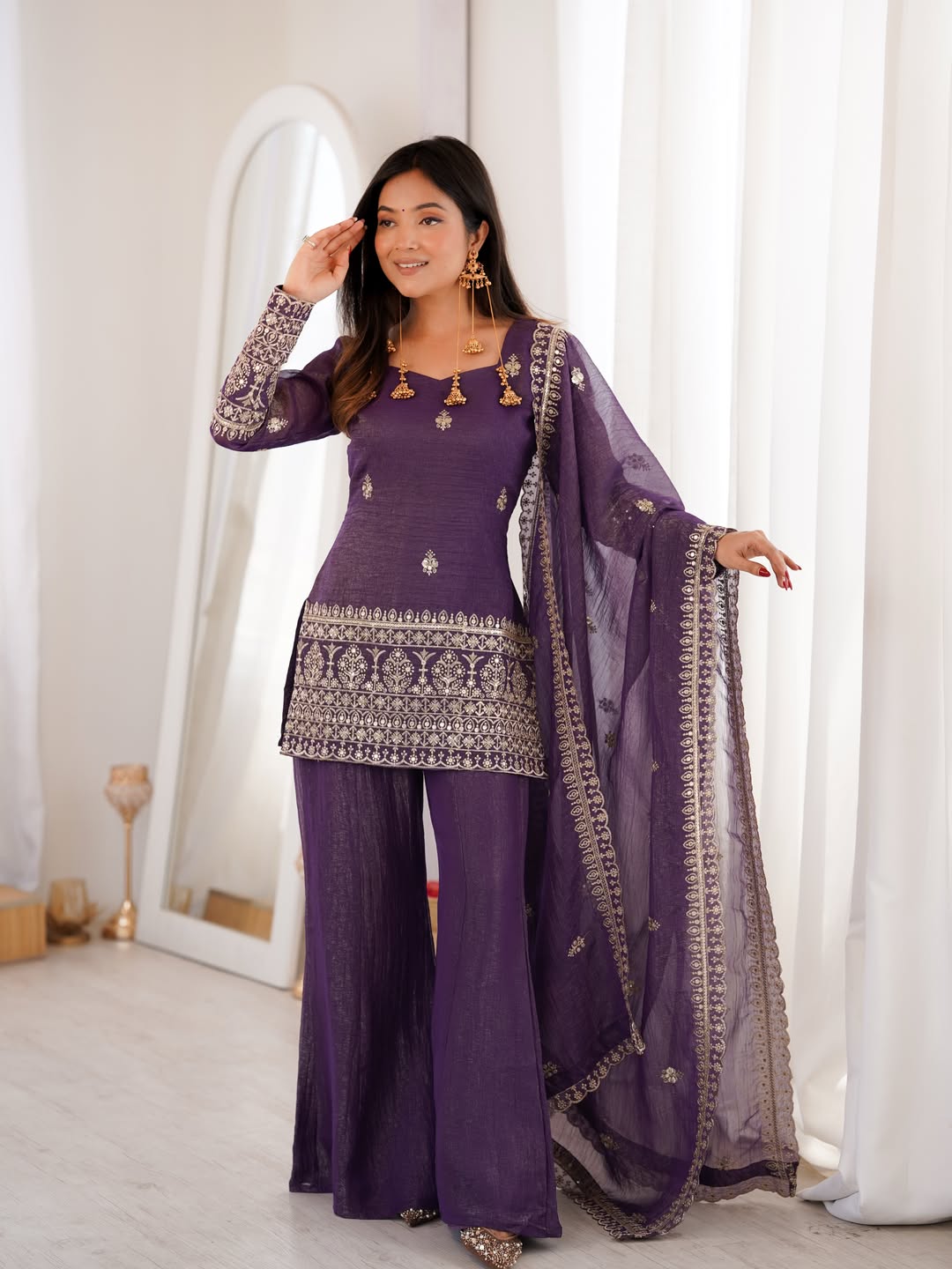 Purple Crunchy Silk Sarara Set with Cording Embroidery Work for Women
