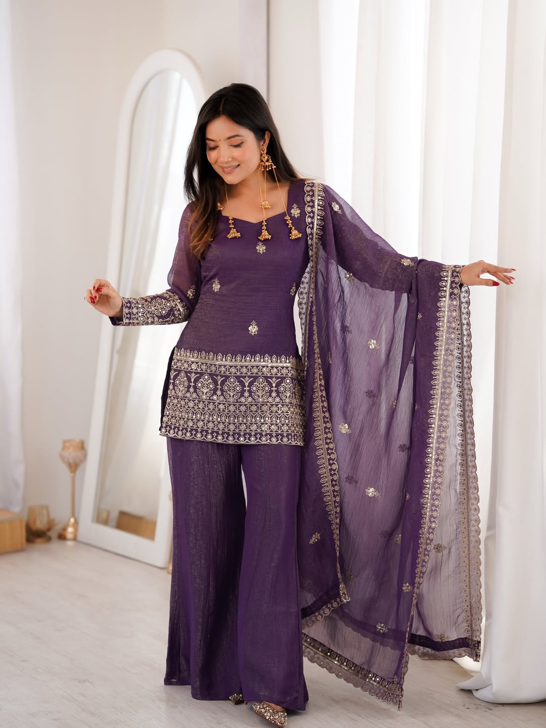 Purple Crunchy Silk Sarara Set with Cording Embroidery Work for Women