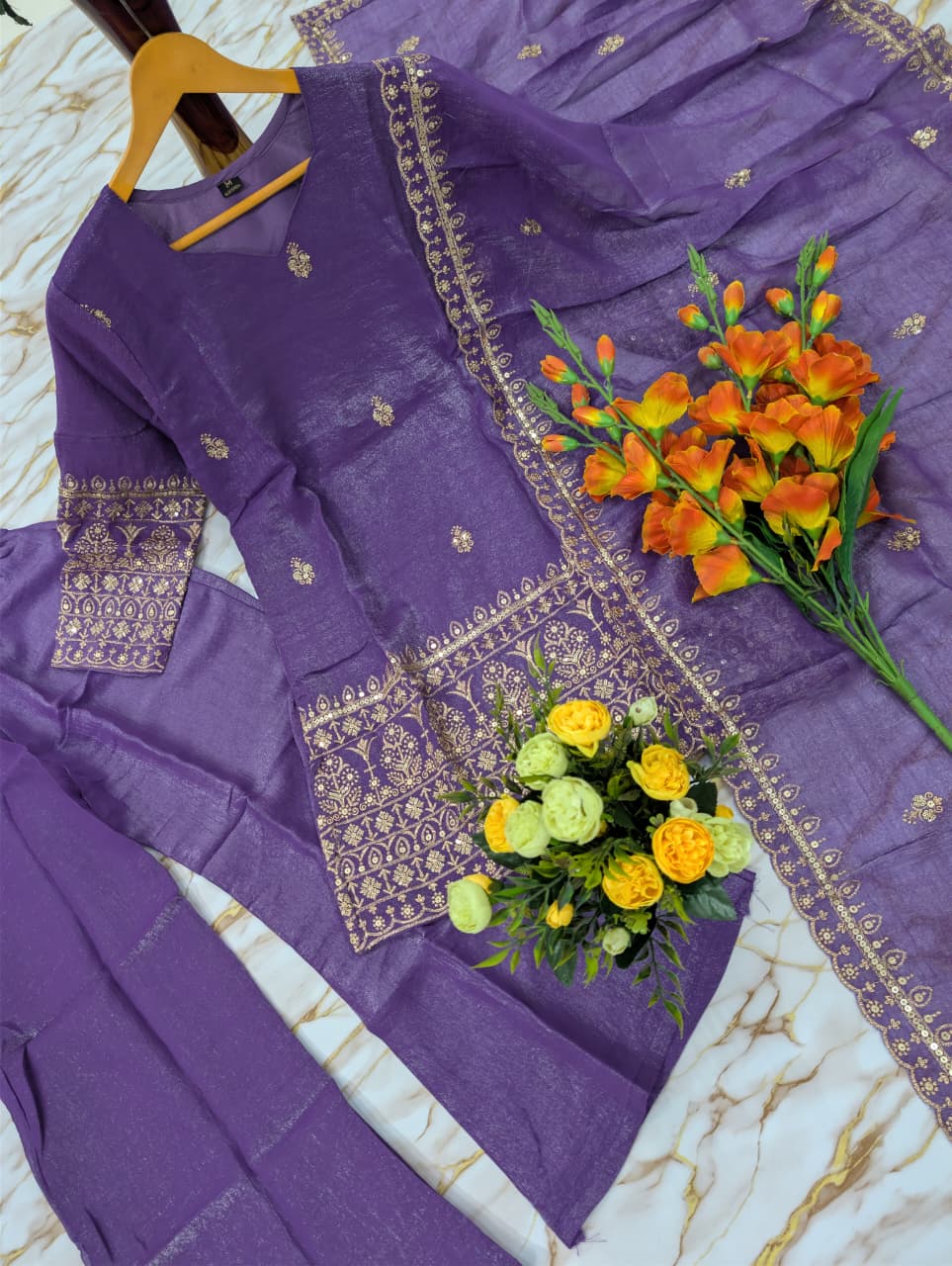 Purple Crunchy Silk Sarara Set with Cording Embroidery Work for Women