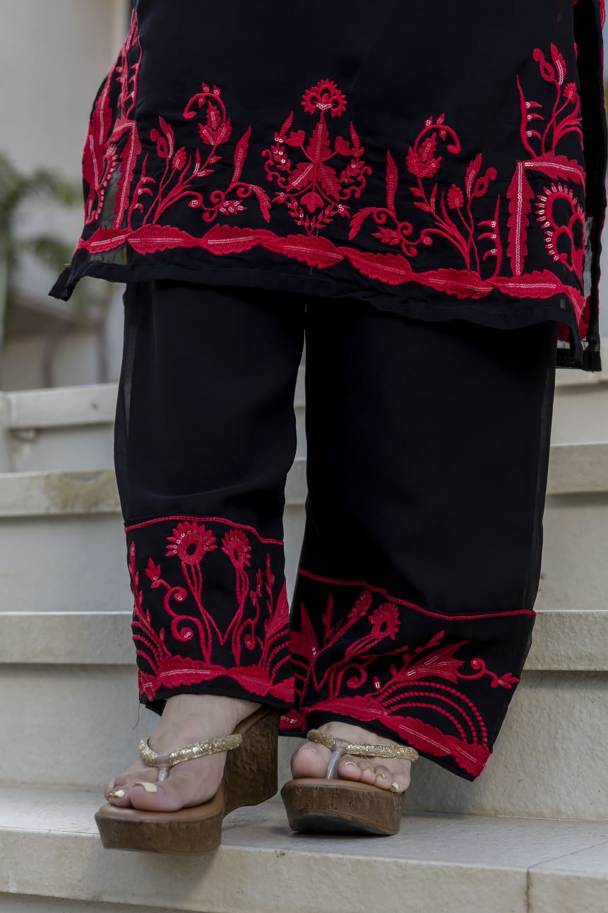 Black Georgette Kurta Set with Heavy Embroidery and Dupatta for Women