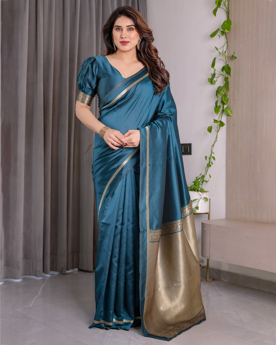 Teal Blue Banarasi Soft Silk Saree With Elegant Zari Border 2