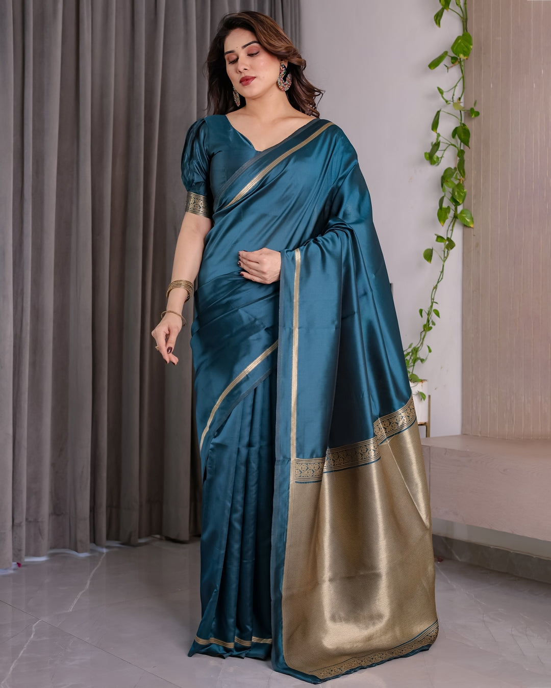 Teal Blue Banarasi Soft Silk Saree With Elegant Zari Border 2
