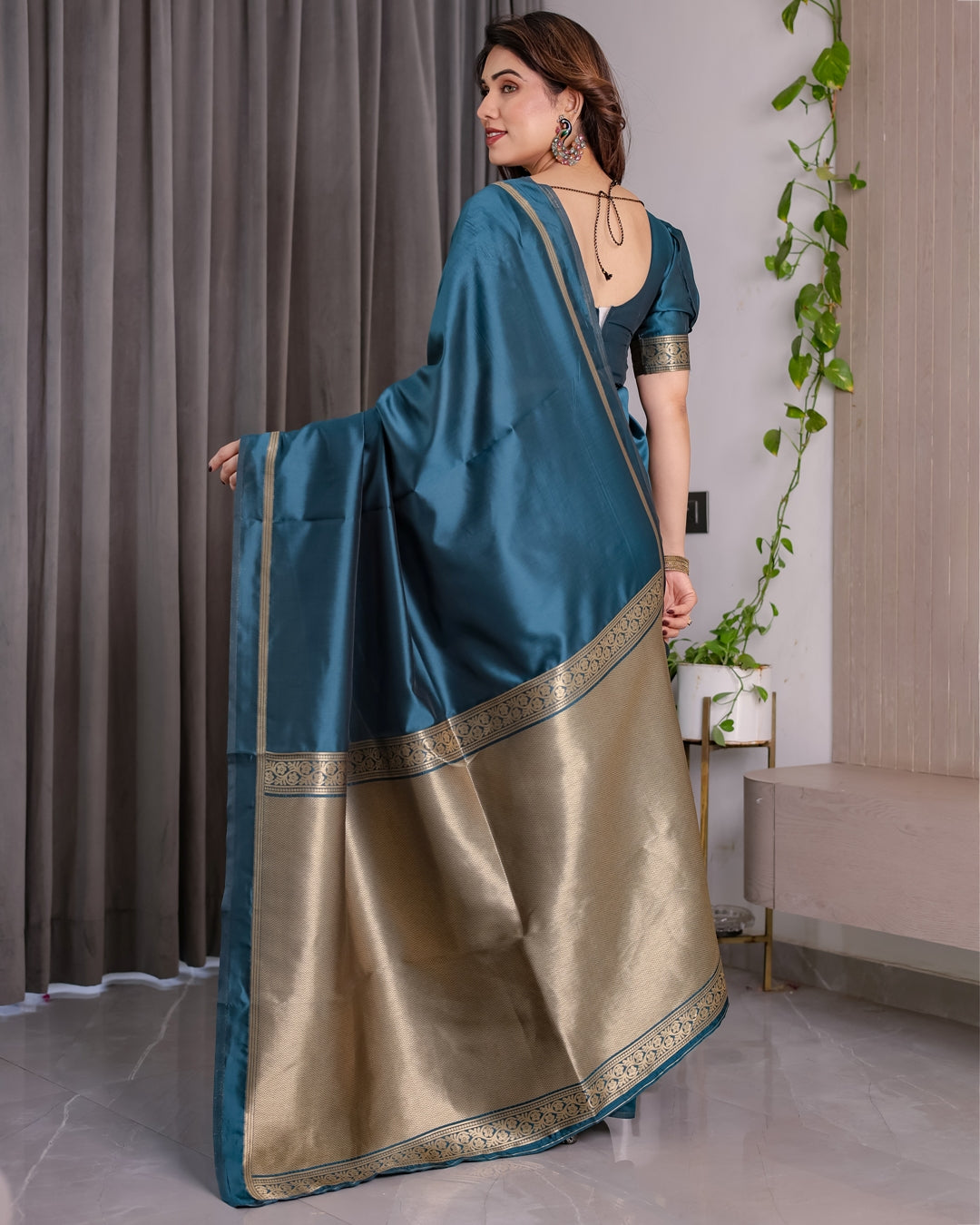 Teal Blue Banarasi Soft Silk Saree With Elegant Zari Border 2