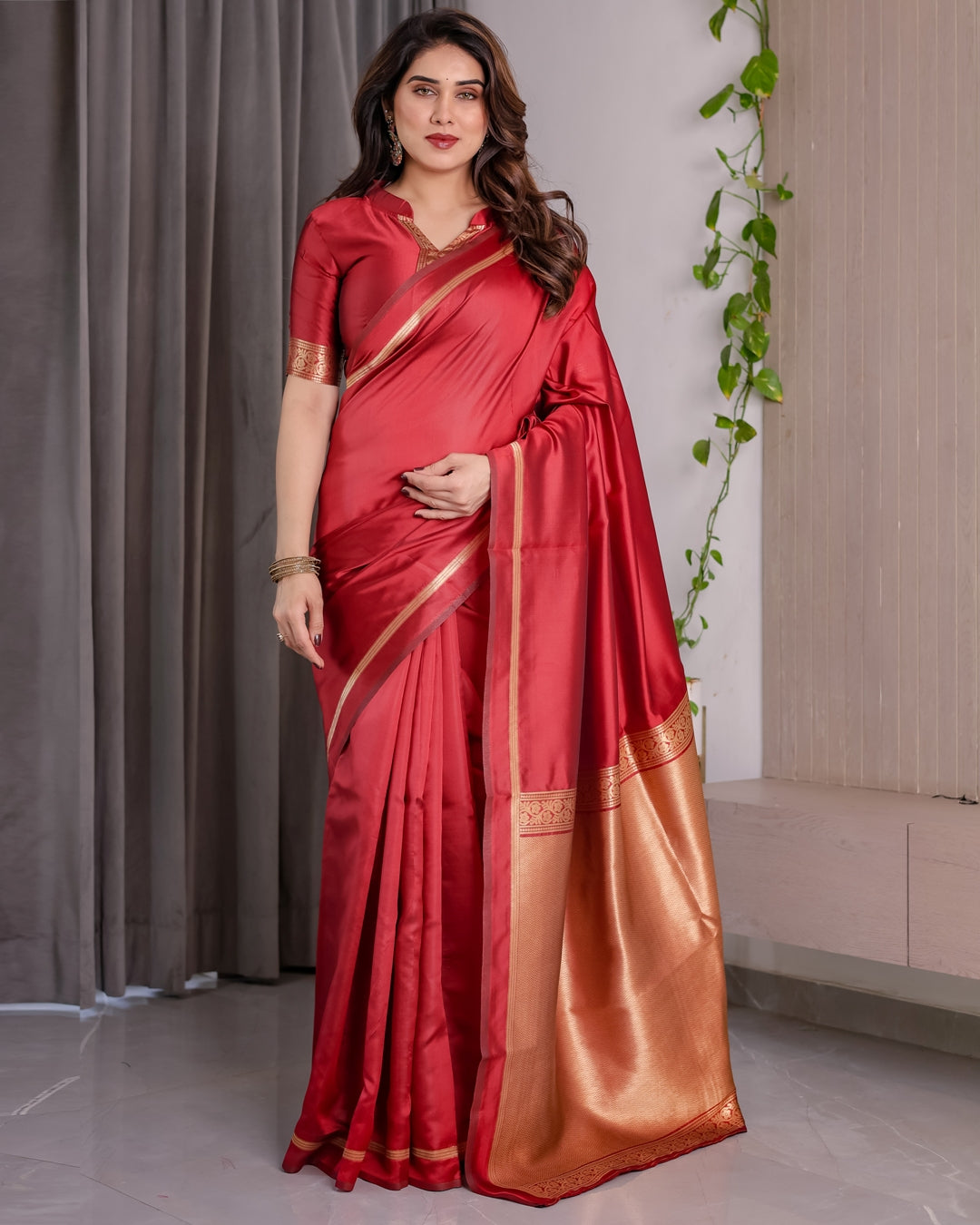 Red Banarasi Soft Silk Saree With Golden Zari Floral Border for Women
