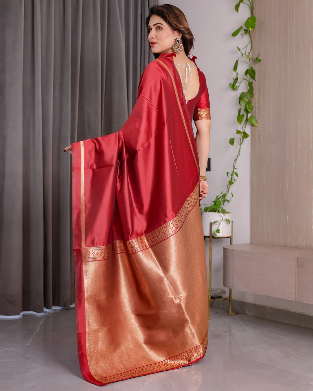 Red Banarasi Soft Silk Saree With Golden Zari Floral Border for Women