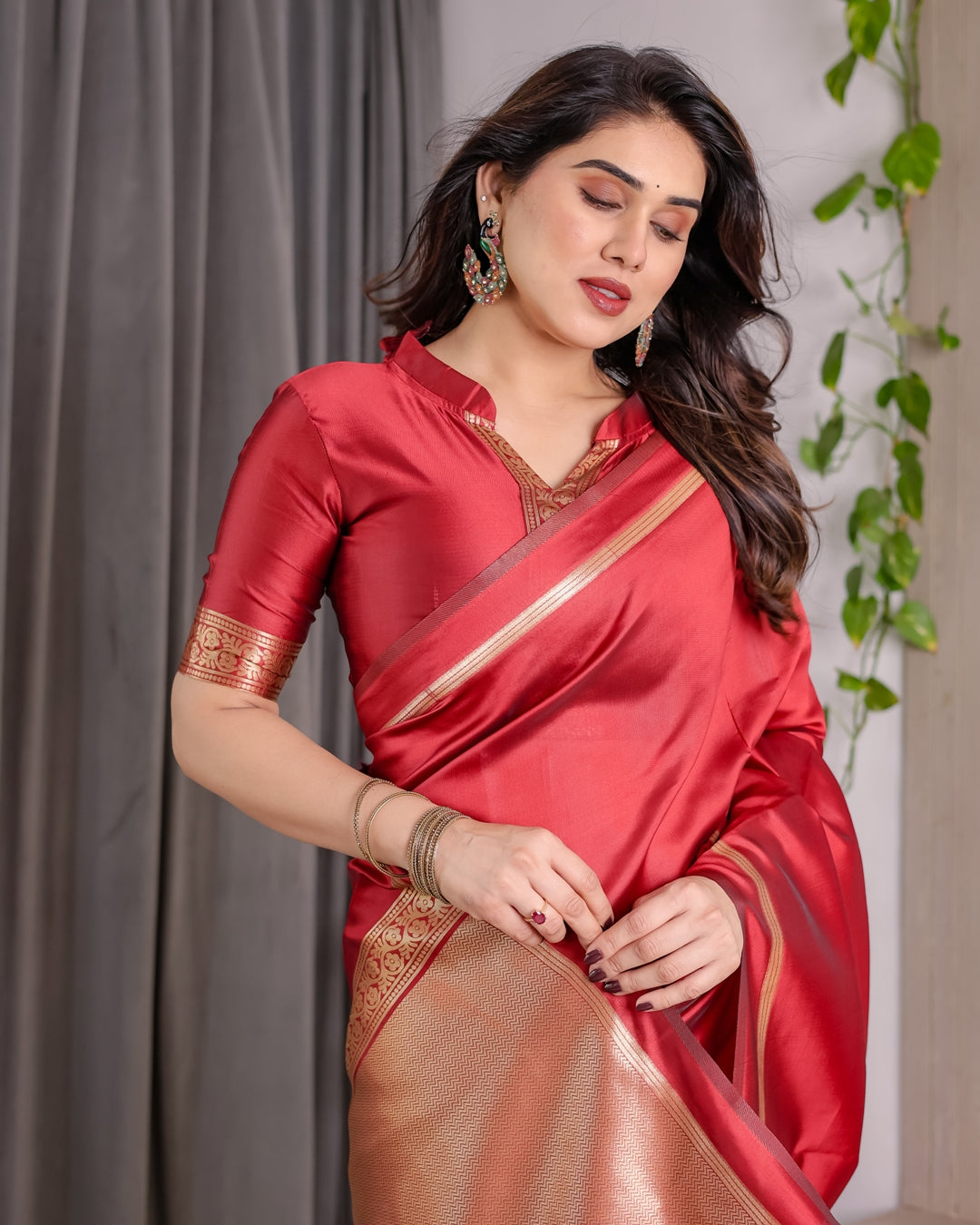 Red Banarasi Soft Silk Saree With Golden Zari Floral Border for Women