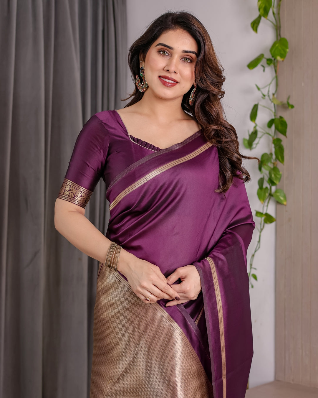 Royal Plum Banarasi Soft Silk Saree With Golden Zari Border for Women