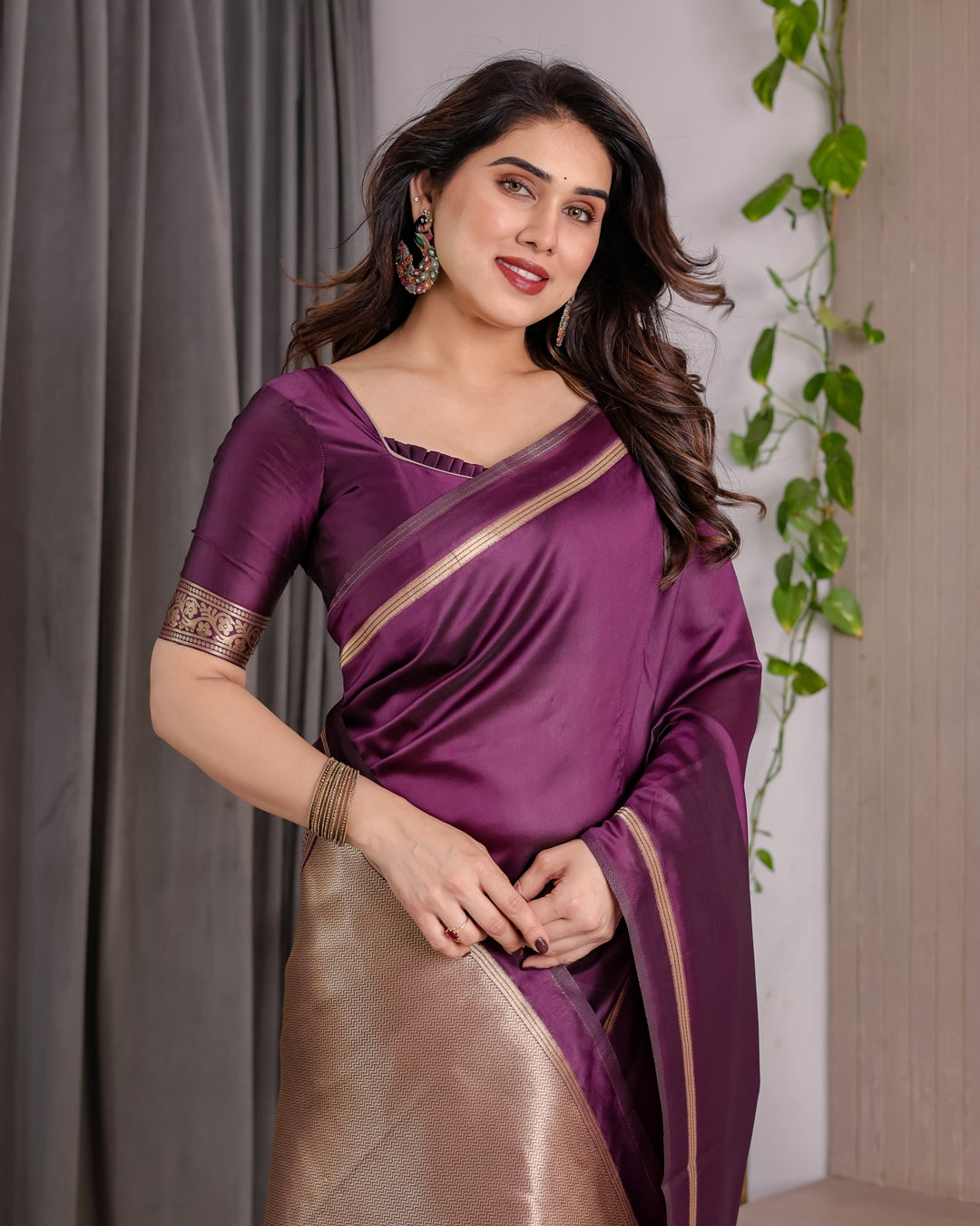 Royal Plum Banarasi Soft Silk Saree With Golden Zari Border for Women