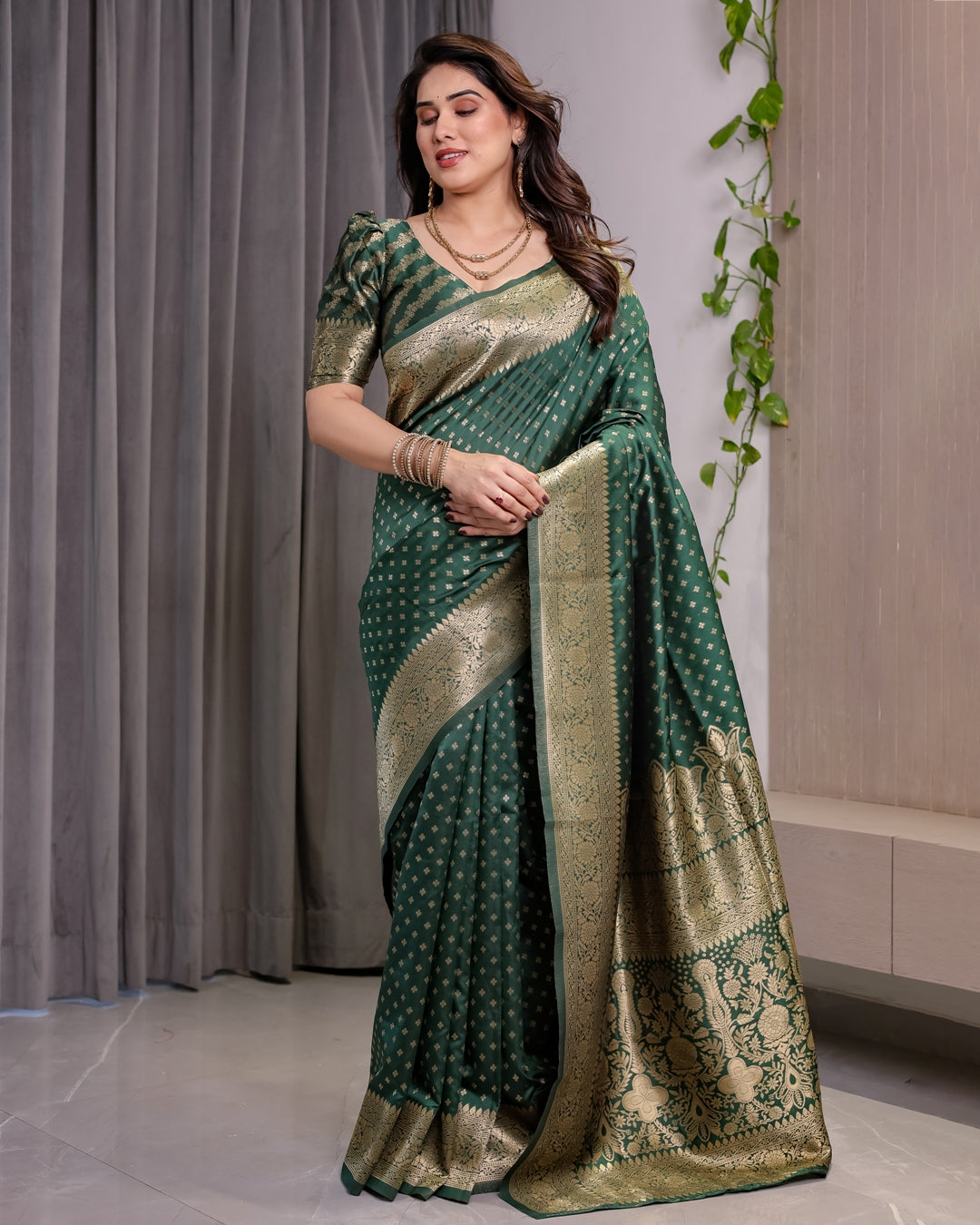 Deep Green Banarasi Soft Silk Saree with Zari Floral Border for Women