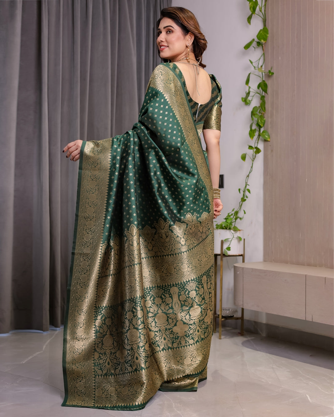 Deep Green Banarasi Soft Silk Saree with Zari Floral Border for Women
