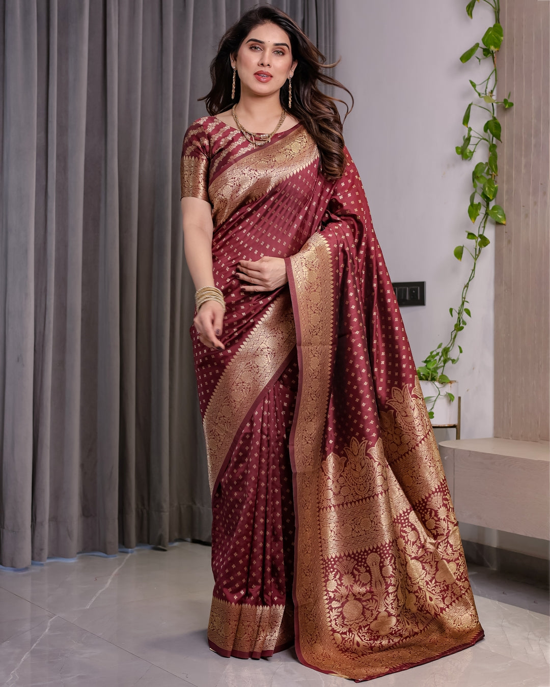 Maroon Banarasi Soft Silk Saree with Golden Zari Border 3 for Women
