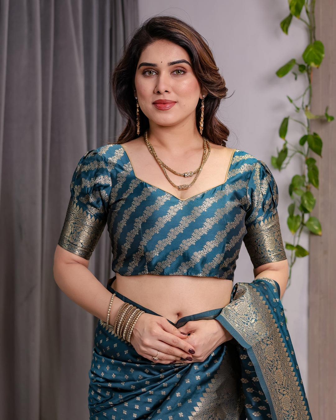 Teal Blue Banarasi Soft Silk Saree With Golden Zari Borders for Women