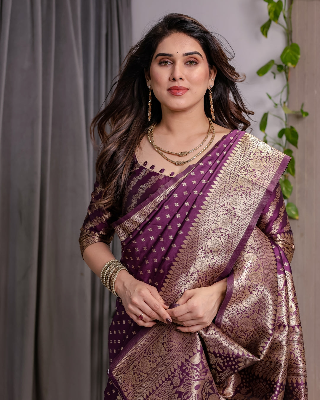 Rich Purple Banarasi Soft Silk Saree With Gold Zari Borders for Women